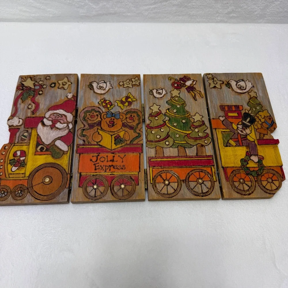 VTG Handmade Hand Painted Wood Christmas Jolly Express Train Folding Decoration